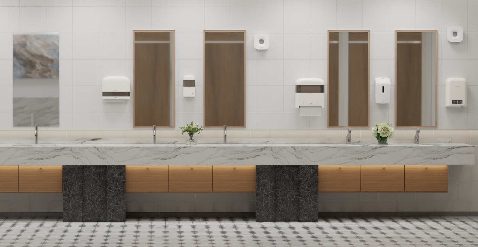 Core Washroom Equipment: Touchless dispensers, paper towel systems, high-speed hand dryers, and sanitary bins.